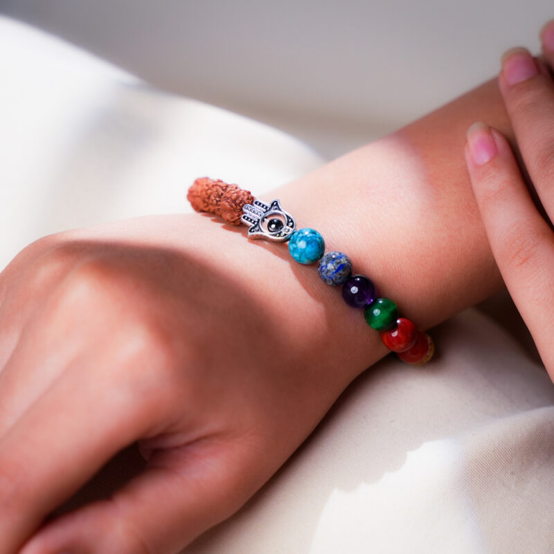 Rudraksha And 7 Chakra Hamsa Hand Bracelet With Hematite - Image 2
