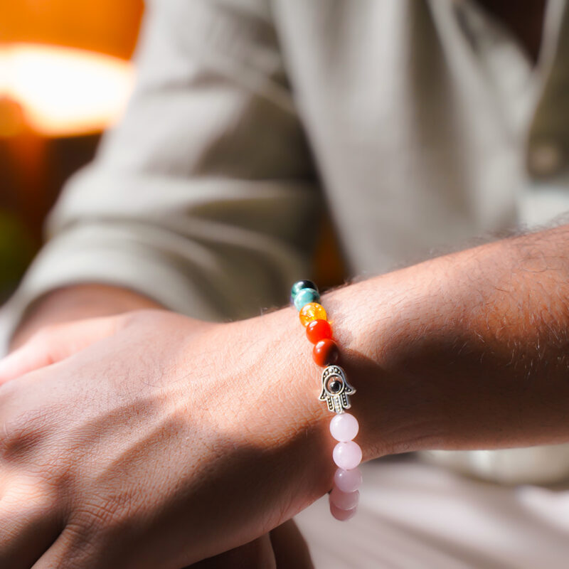 7 Chakra and Hamsa Hand with Rose Quartz Bracelet - Image 2