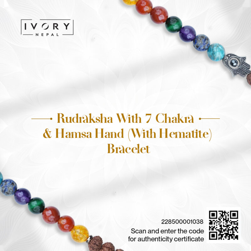 Rudraksha And 7 Chakra Hamsa Hand Bracelet With Hematite - Image 3